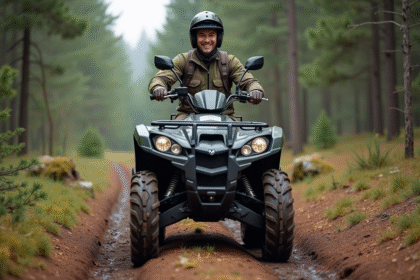 Homme souriant en équipement tout-terrain sur quad en forêt