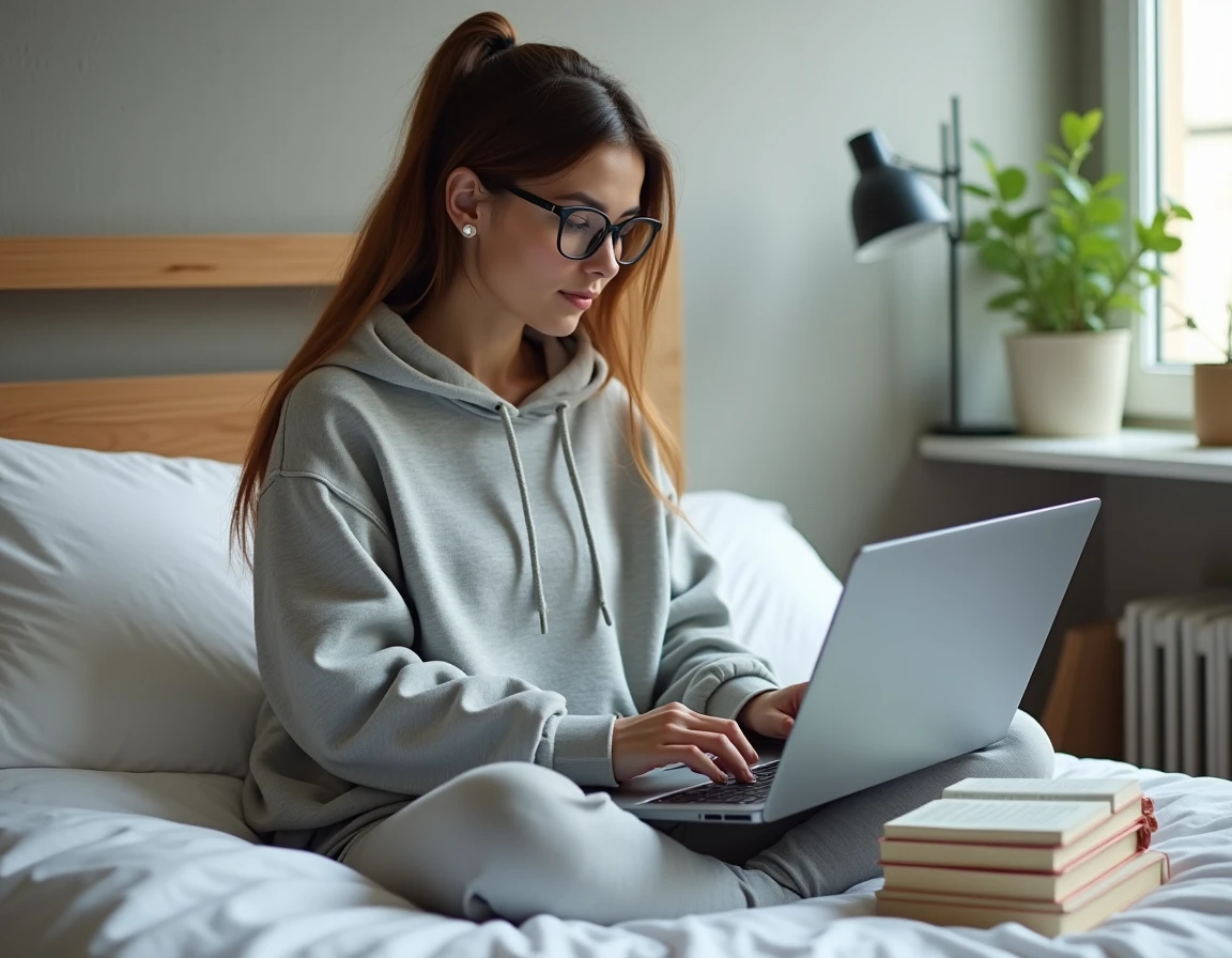 Jeune femme parcourant une bibliothèque d'ebooks en français sur son ordinateur portable dans sa chambre