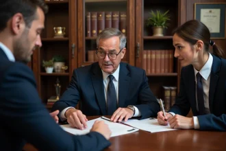 Notaire en costume expliquant un document à un couple