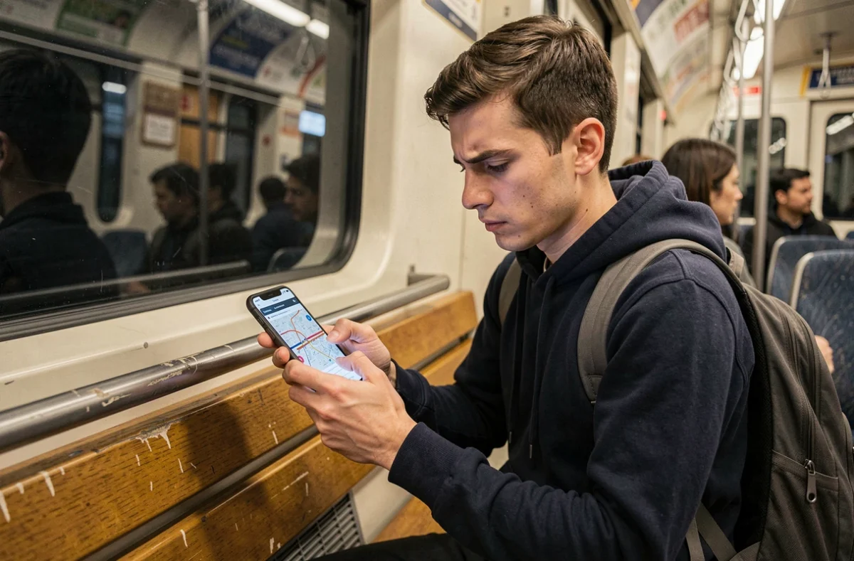 Passager consultant les perturbations du RER sur smartphone à bord d'une rame en Île-de-France
