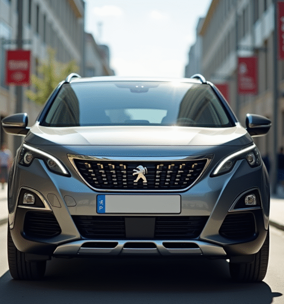 Voiture Peugeot 3008 grise en ville en plein jour