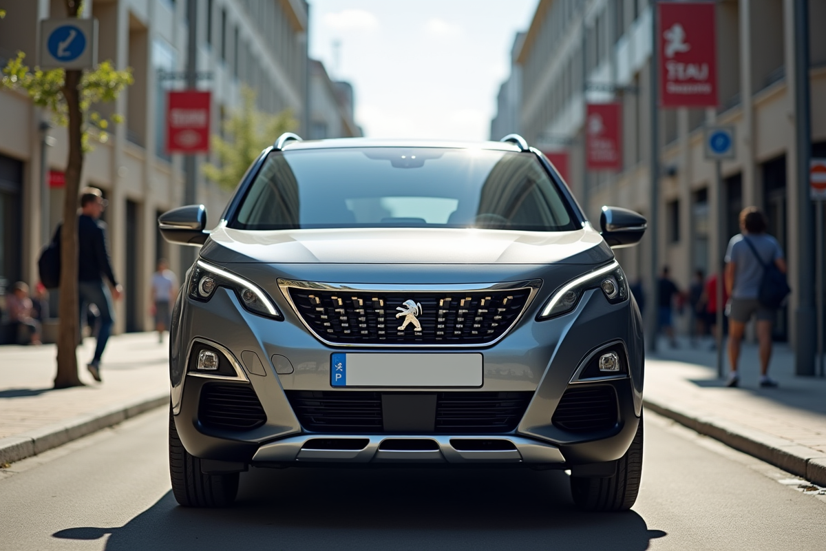 Voiture Peugeot 3008 grise en ville en plein jour