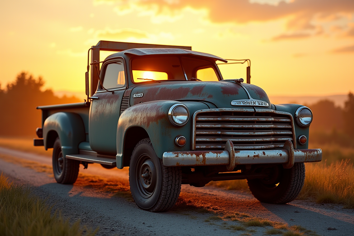 Pick-up d'occasion lavé avec détails chrome au coucher du soleil