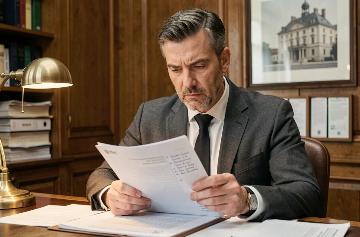 Avocat pénaliste masculin concentré à son bureau, examinant un dossier juridique complexe dans son cabinet à Mâcon