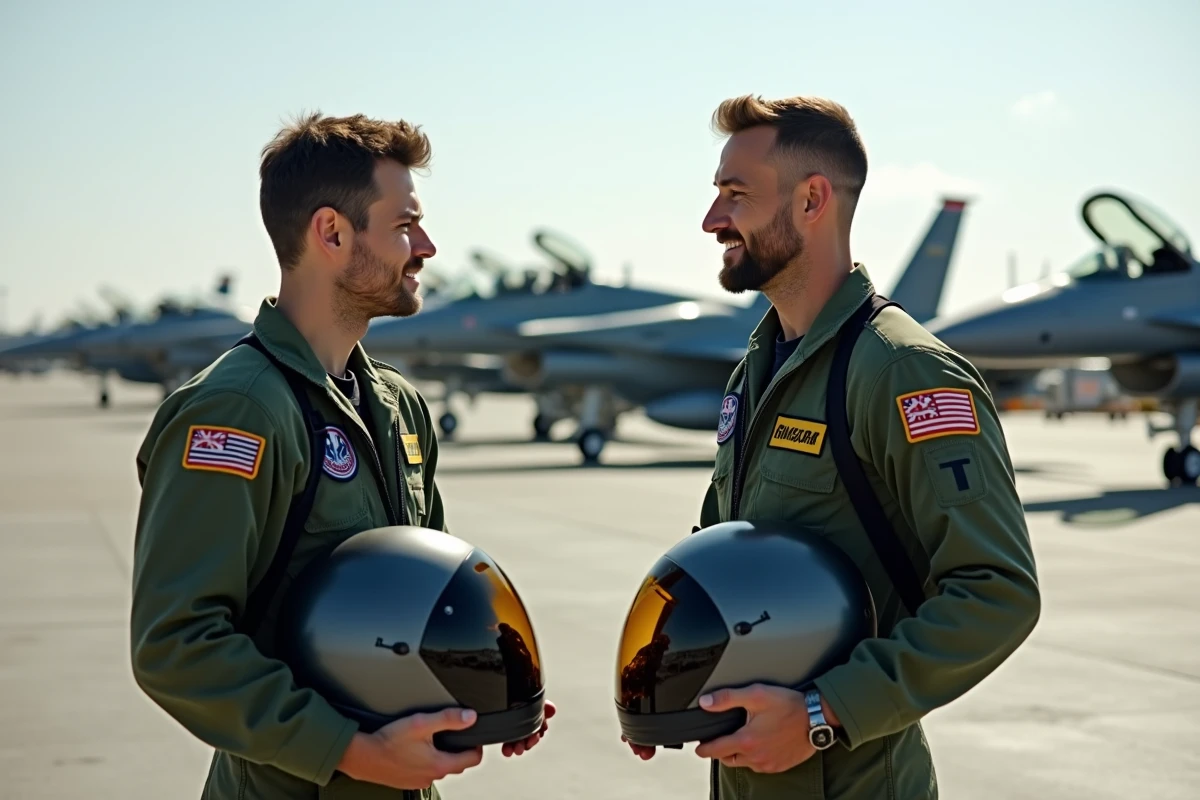 Deux pilotes militaires discutent devant des jets modernes