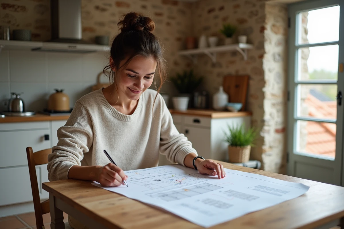 Jeune femme étudiant des plans de rénovation solaire à la maison