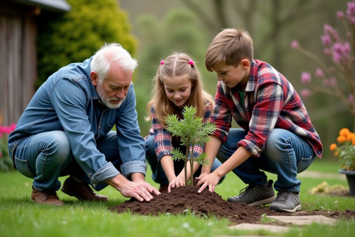 Trois générations plantant un jeune arbre dans le jardin