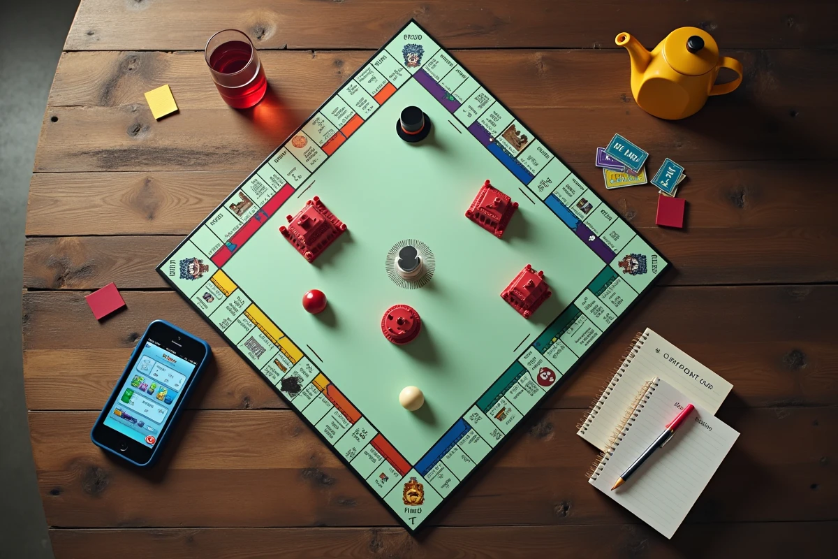 Vue de dessus du plateau Monopoly avec smartphone affichant des liens gratuits et des récompenses pour une stratégie de farm 2026