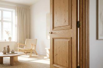 Porte battante en bois de chêne naturel entrouverte dans un intérieur scandinave minimaliste aux murs blancs