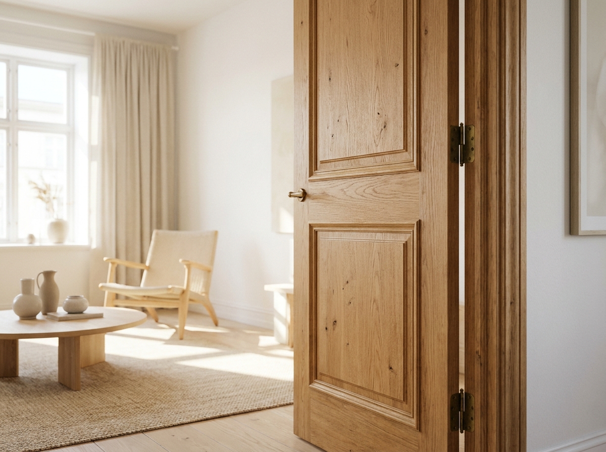 Porte battante en bois de chêne naturel entrouverte dans un intérieur scandinave minimaliste aux murs blancs