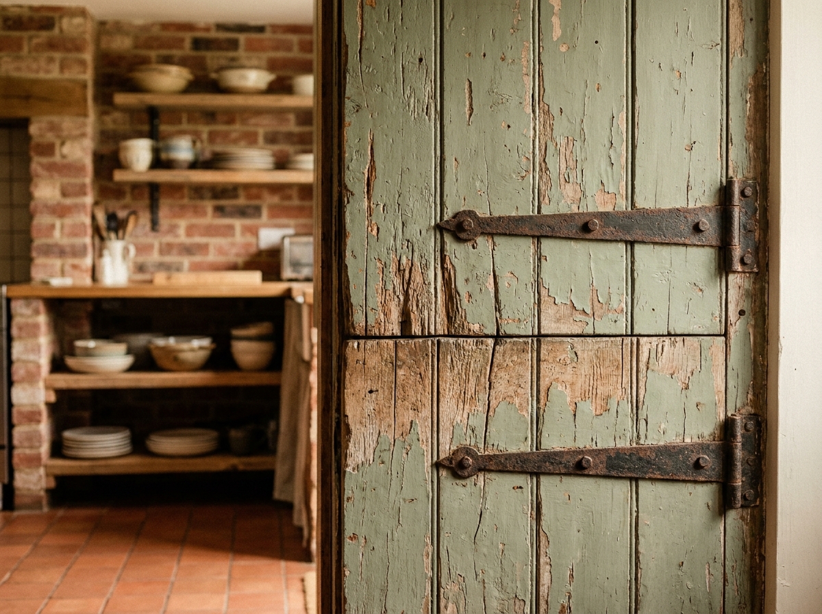 Porte battante en bois recyclé vieilli style campagne installée dans une cuisine rustique avec mur en briques apparentes