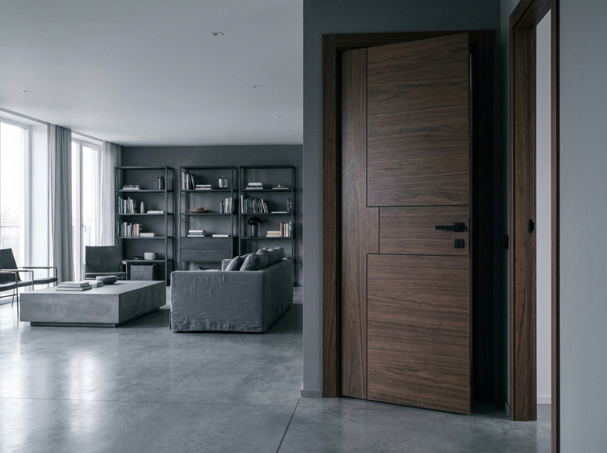 Porte battante en noyer foncé au design contemporain épuré dans un appartement moderne avec sol en béton ciré