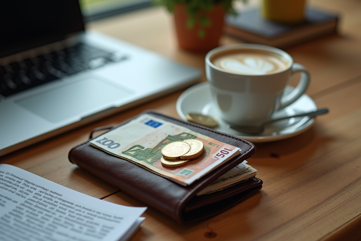 Porte-monnaie ouvert avec billets et pièces euros sur une table
