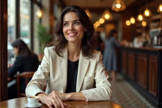 Portrait intimiste d'une femme élégante dans un café parisien, évoquant Juliette Plumecocq-Mech