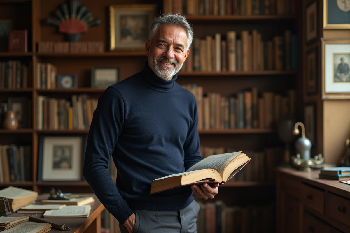 Portrait d'un homme cultivé dans une bibliothèque intimiste, évoquant le mari artiste de Juliette Plumecocq-Mech