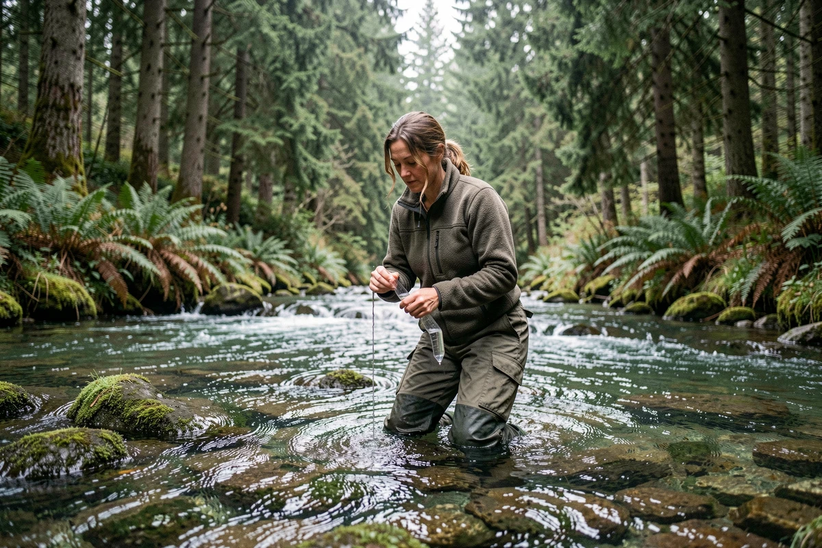 Femme scientifique prélevant un échantillon d'eau dans une rivière forestière pour analyser les ressources naturelles hydriques