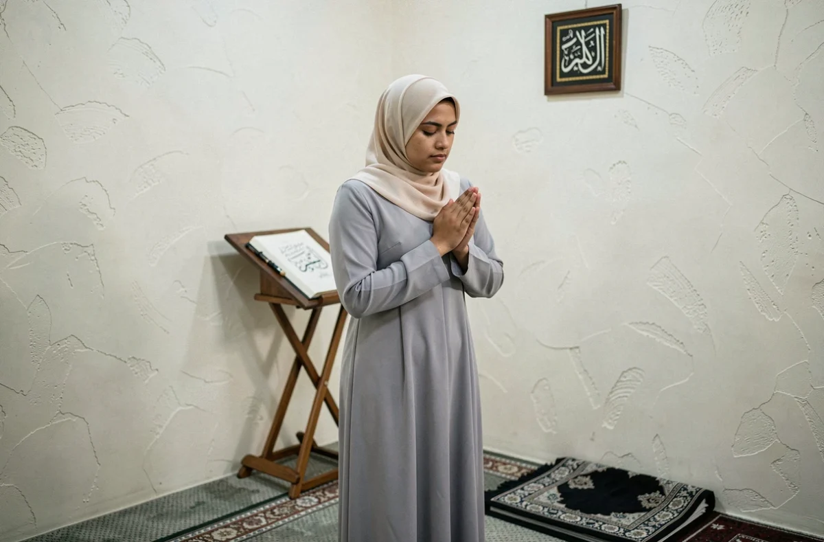 Femme musulmane en hijab récitant la prière de l'aube dans une salle de prière apaisante avec un support à Coran en bois