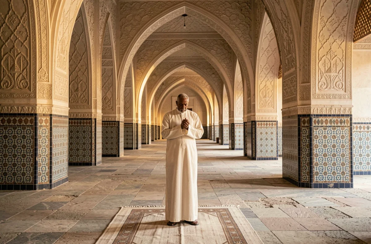Homme âgé en djellaba priant seul à l'aube dans une mosquée historique aux murs en plâtre sculpté et carrelage zellige