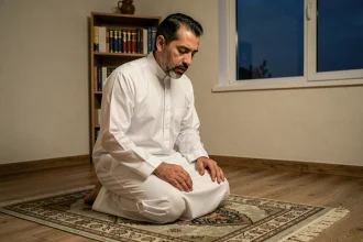 Homme musulman effectuant la prière du Fajr à voix basse sur un tapis de prière à motifs géométriques dans un cadre domestique sobre