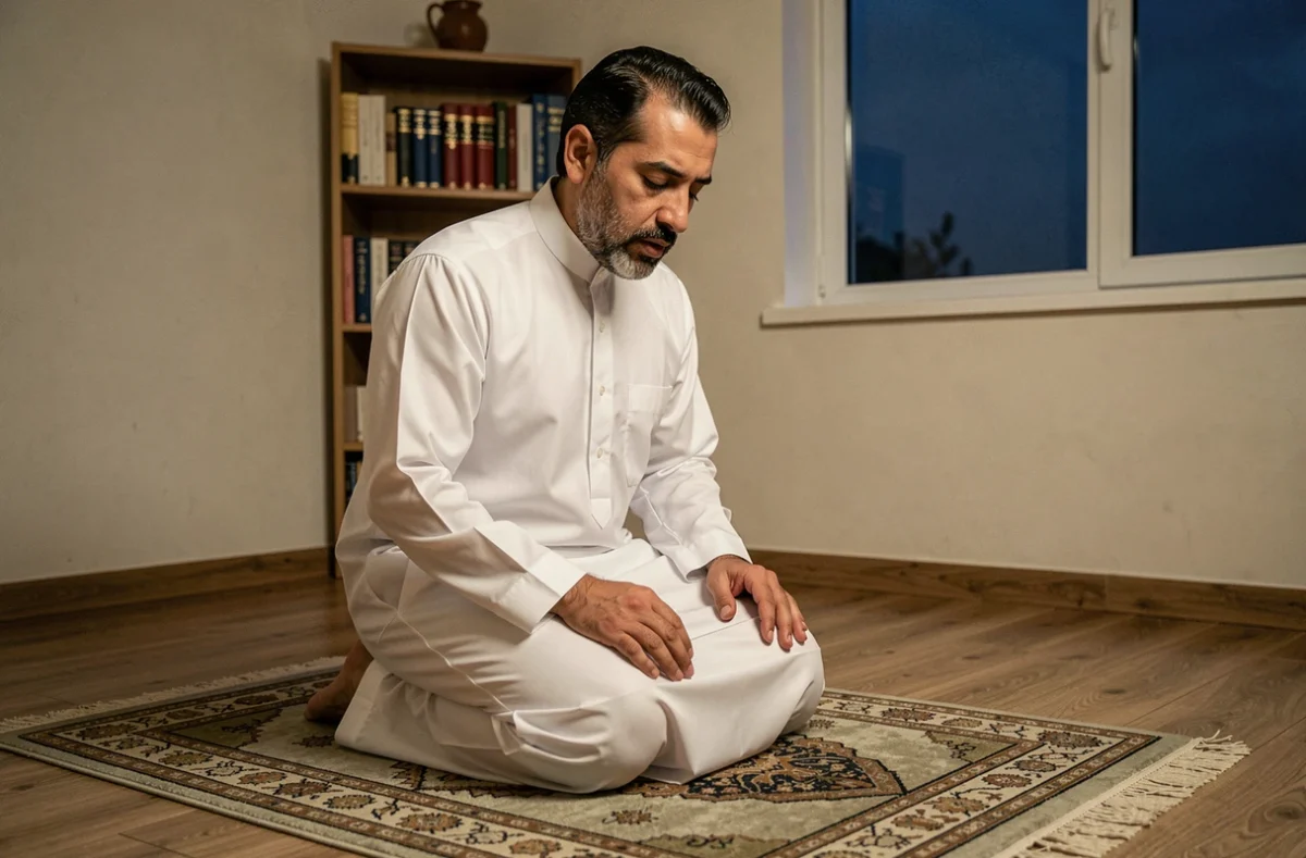 Homme musulman effectuant la prière du Fajr à voix basse sur un tapis de prière à motifs géométriques dans un cadre domestique sobre