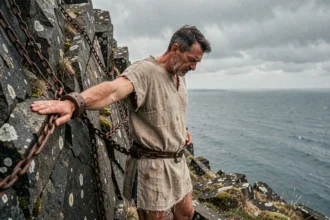 Prométhée enchaîné sur un rocher en bord de falaise, représentation réaliste du mythe grec de la punition divine
