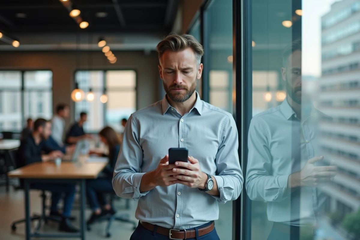 Homme consultant une application de protection des données personnelles sur smartphone dans un espace de coworking