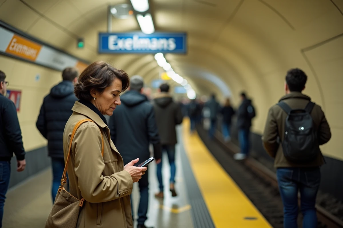 Femme calme sur le quai de la ligne 9 du métro parisien, station Exelmans, tenant un smartphone