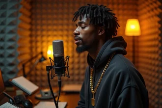 Jeune rappeur conscient enregistrant des paroles engagées en studio de rap avec carnet de textes visible