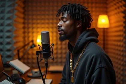 Jeune rappeur conscient enregistrant des paroles engagées en studio de rap avec carnet de textes visible