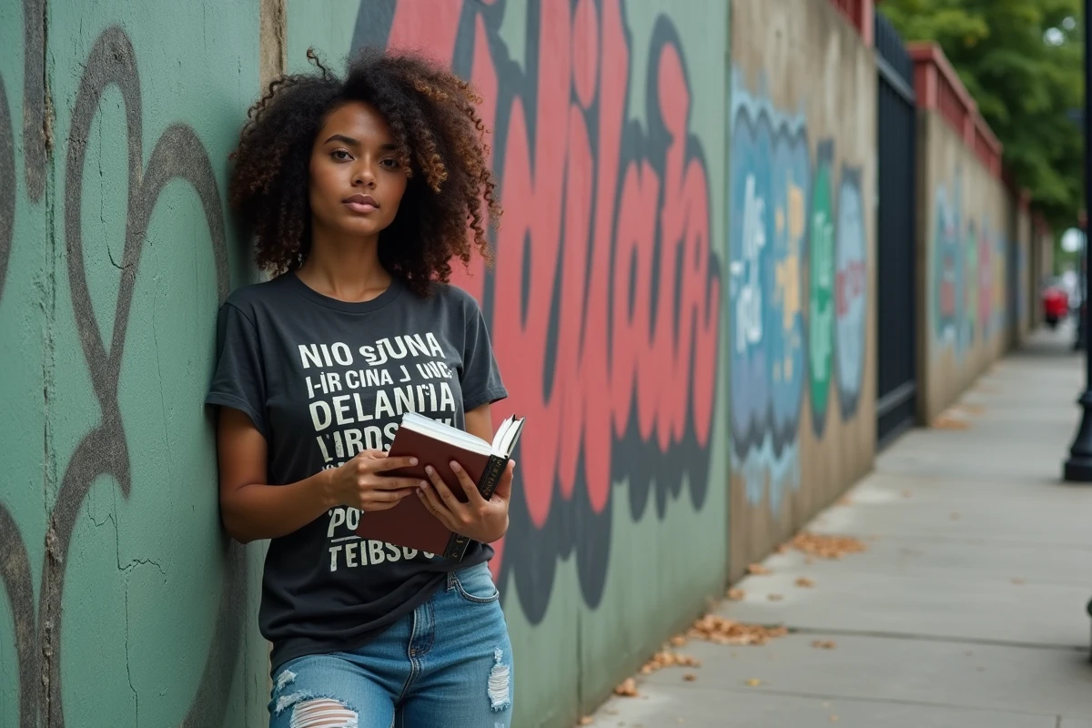 Rappeuse tenant un carnet de textes devant un mur de graffitis et poésie urbaine engagée