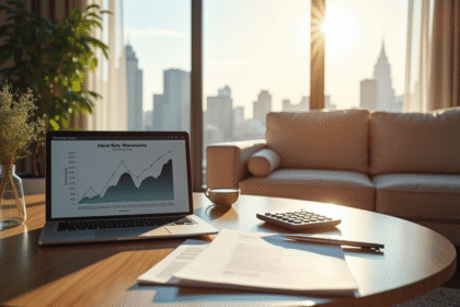 Salon moderne avec documents et graphique immobilier