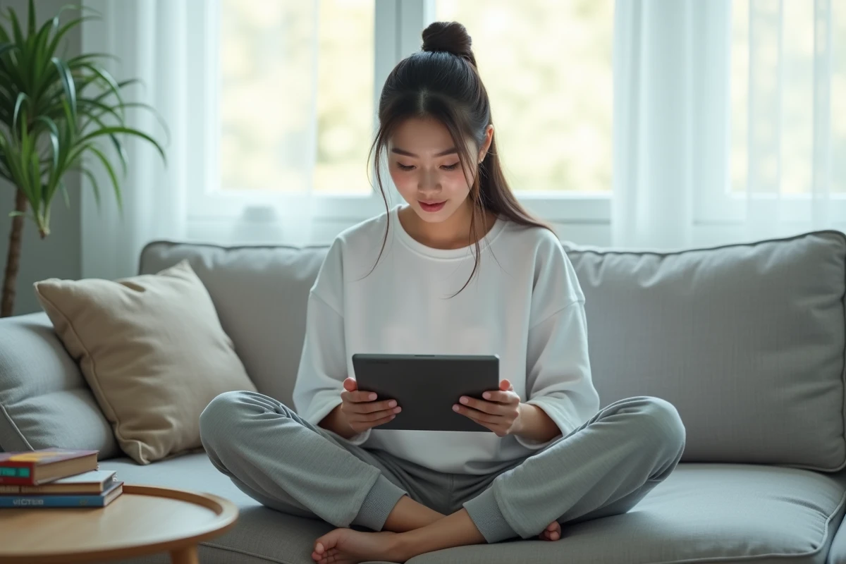 Jeune femme lisant le scan de One Piece sur tablette confortablement installée dans son salon