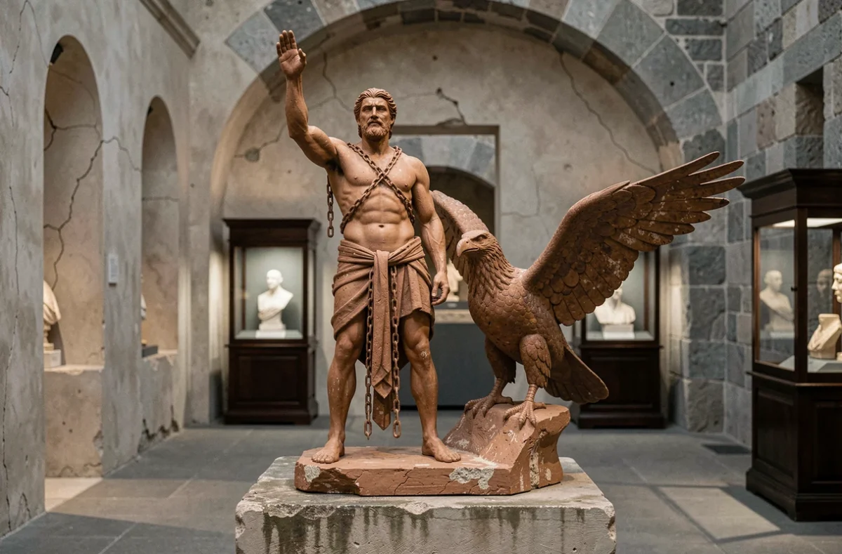 Sculpture en terre cuite représentant Prométhée enchaîné et l'aigle dans un musée, illustration du mythe grec antique