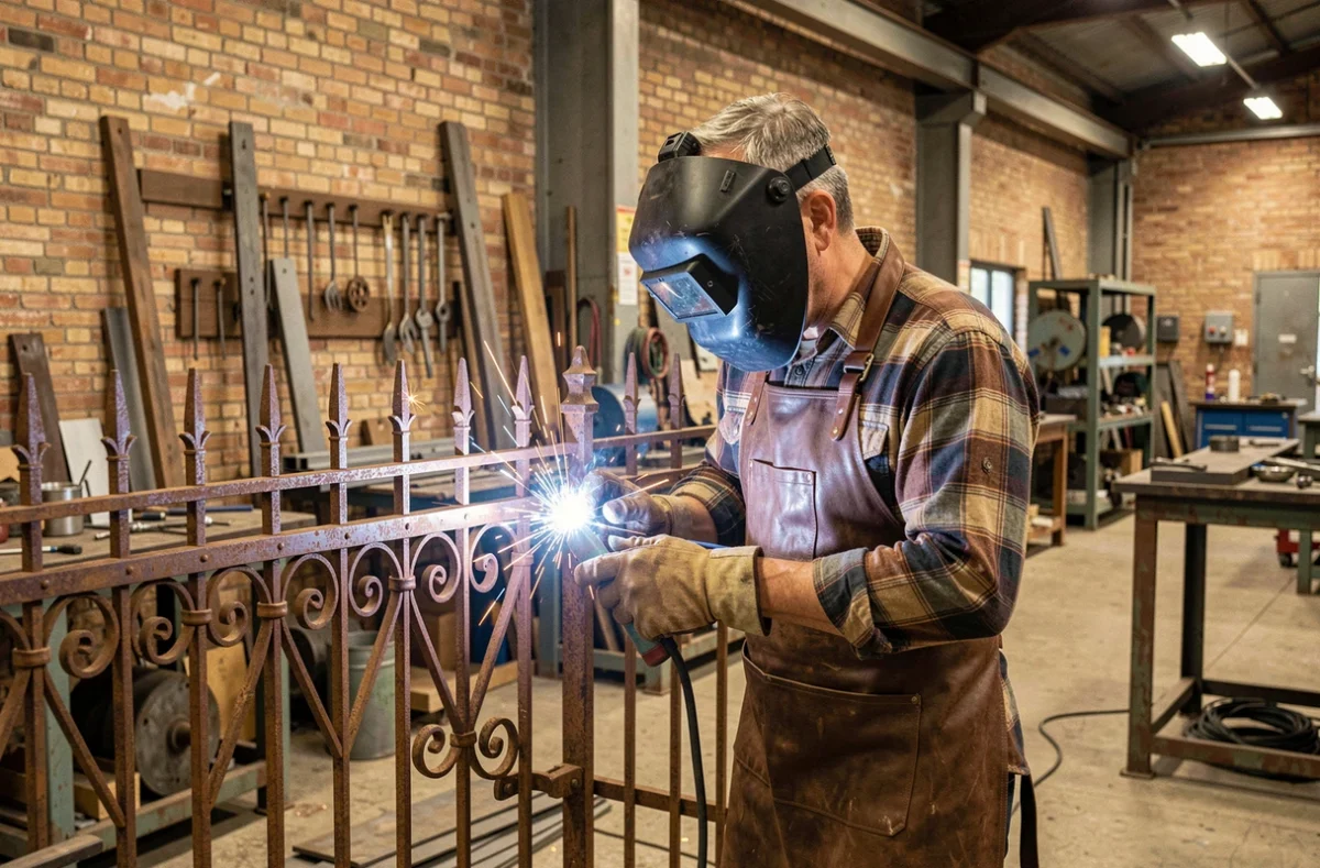 Artisan de la Serrurerie Métallerie Alexandre Noiret soudant un portail en fer forgé en atelier