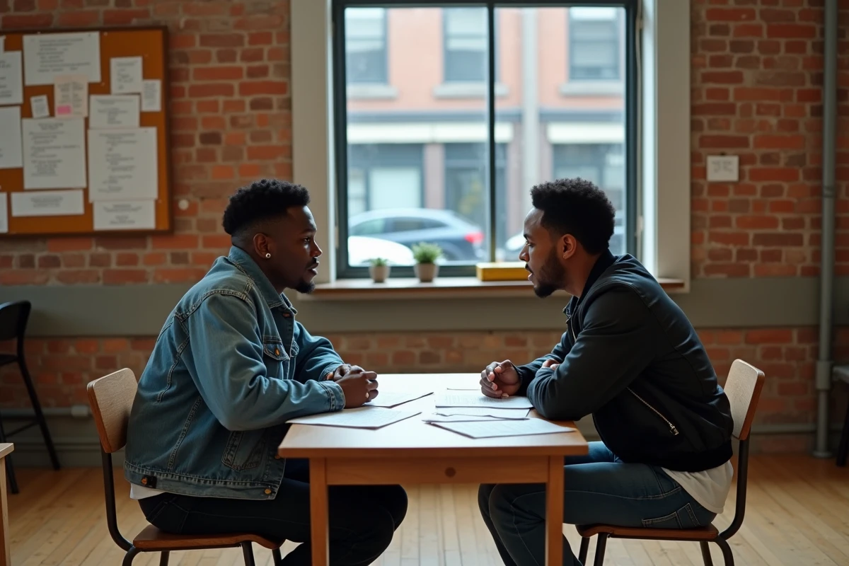 Deux rappeurs en session d'écriture collaborative autour de textes de rap engagé dans un centre communautaire