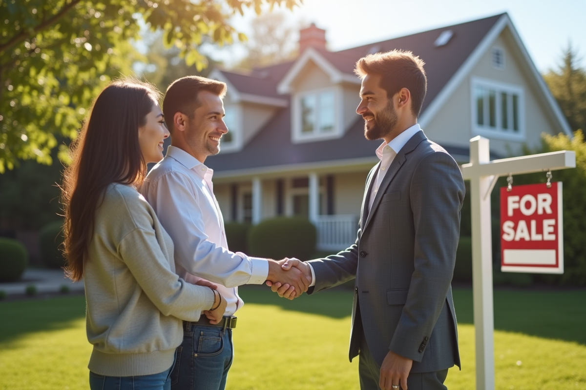 Signature entre agent immobilier et couple devant maison