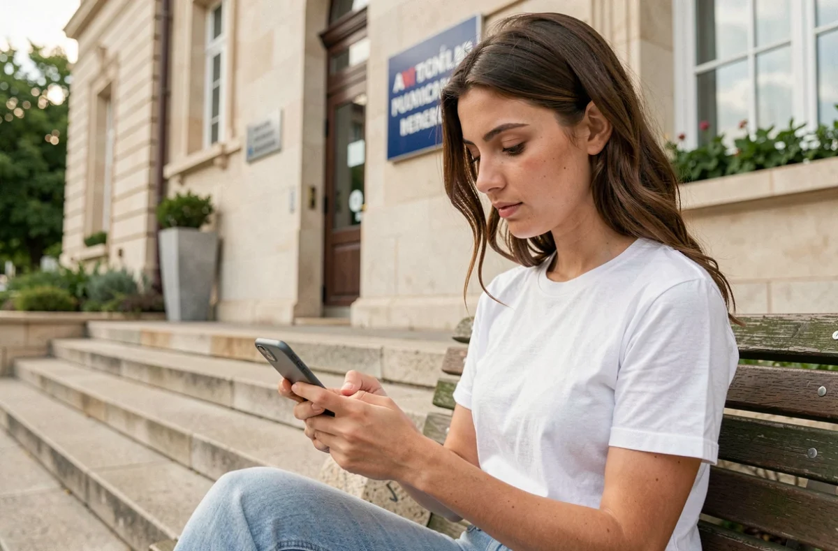 Jeune femme consultant le suivi de sa demande de carte d'identité sur l'application ANT gouvernement avec son smartphone