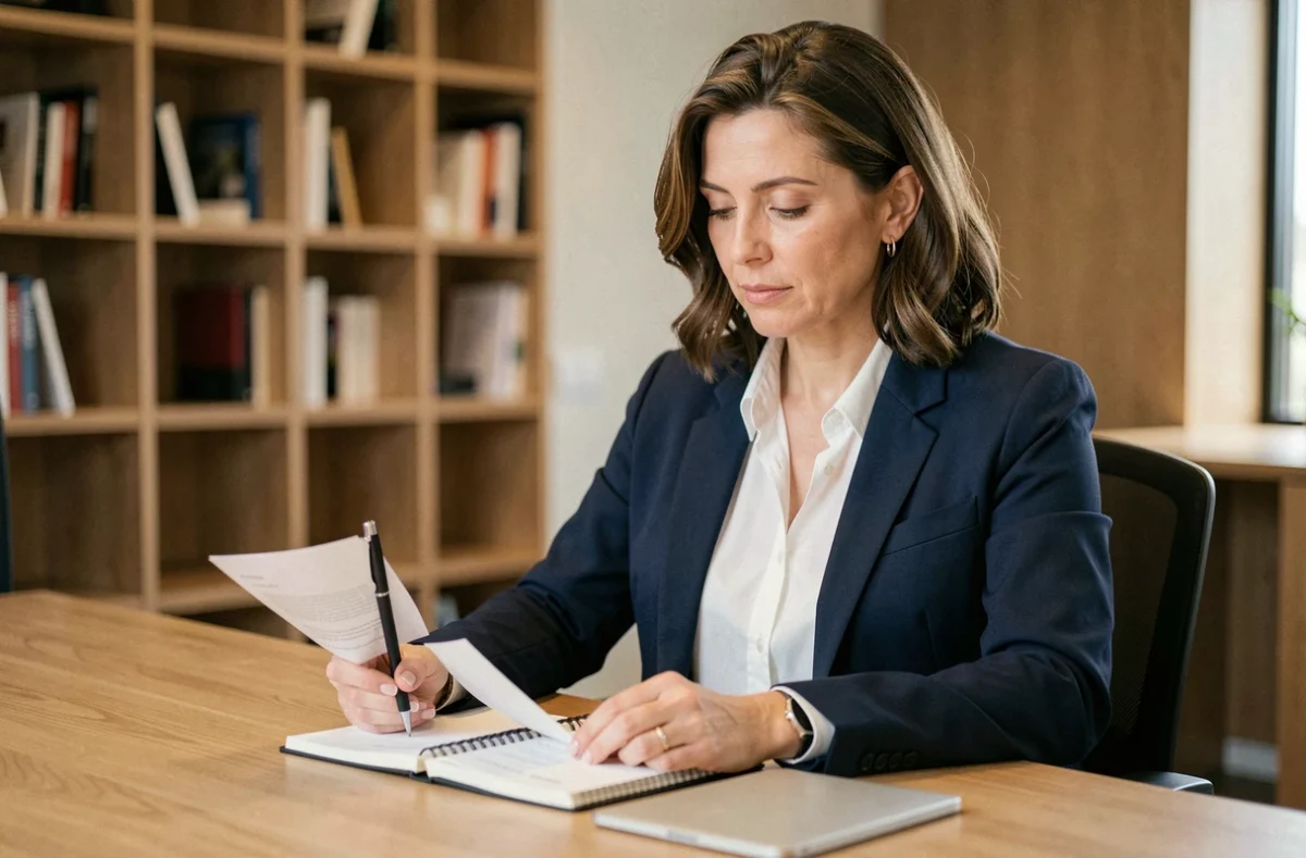Femme professionnelle prenant des notes dans un bureau moderne, illustrant la recherche de formules alternatives et de synonymes dans un contexte professionnel contemporain