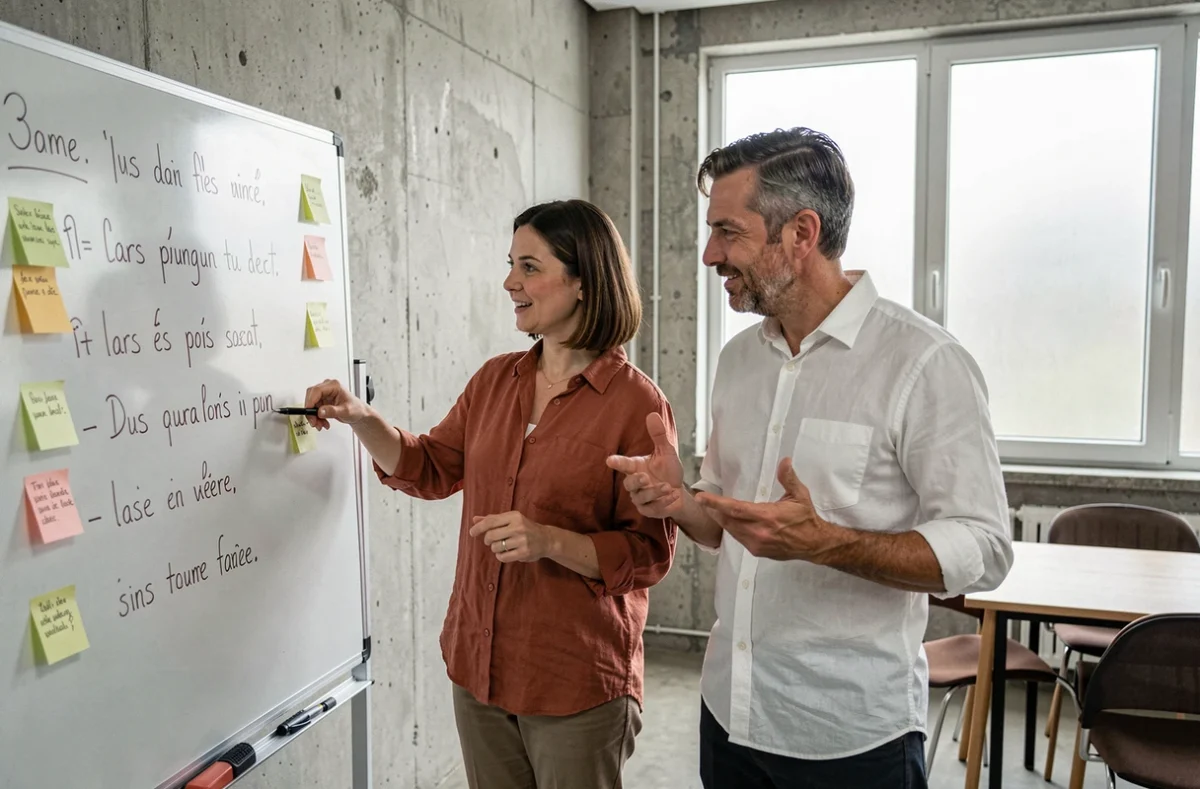 Deux collègues discutant devant un tableau blanc couvert d'expressions écrites en français, illustrant la modernisation du langage professionnel et la recherche de synonymes adaptés au contexte contemporain