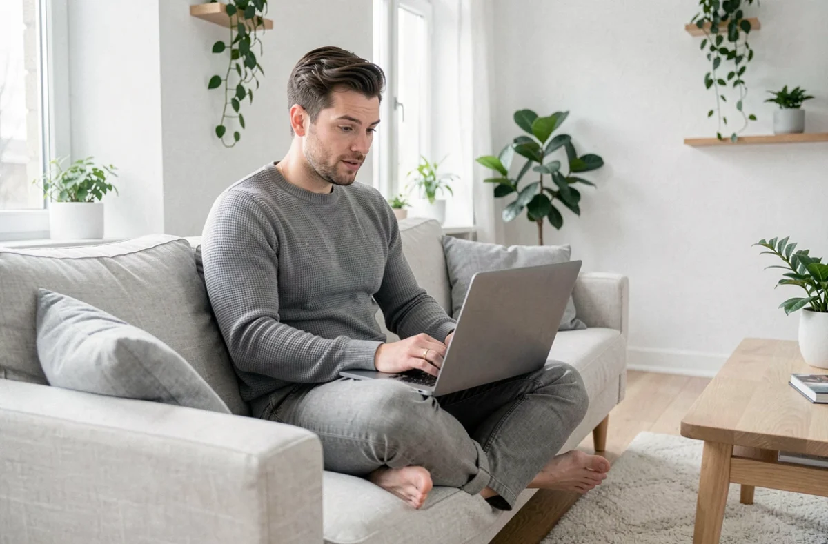 Homme consultant son ordinateur portable dans un salon moderne au style scandinave, symbolisant la recherche de synonymes et d'expressions modernes pour enrichir son vocabulaire professionnel