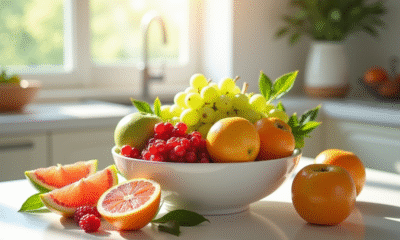 Table de fruits frais et colorés en cuisine lumineuse