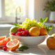 Table de fruits frais et colorés en cuisine lumineuse