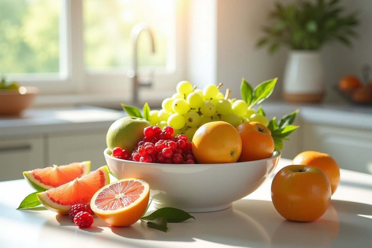 Table de fruits frais et colorés en cuisine lumineuse