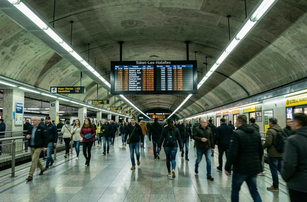 Grand tableau des départs RER en temps réel affichant des perturbations dans la gare de Châtelet-Les-Halles
