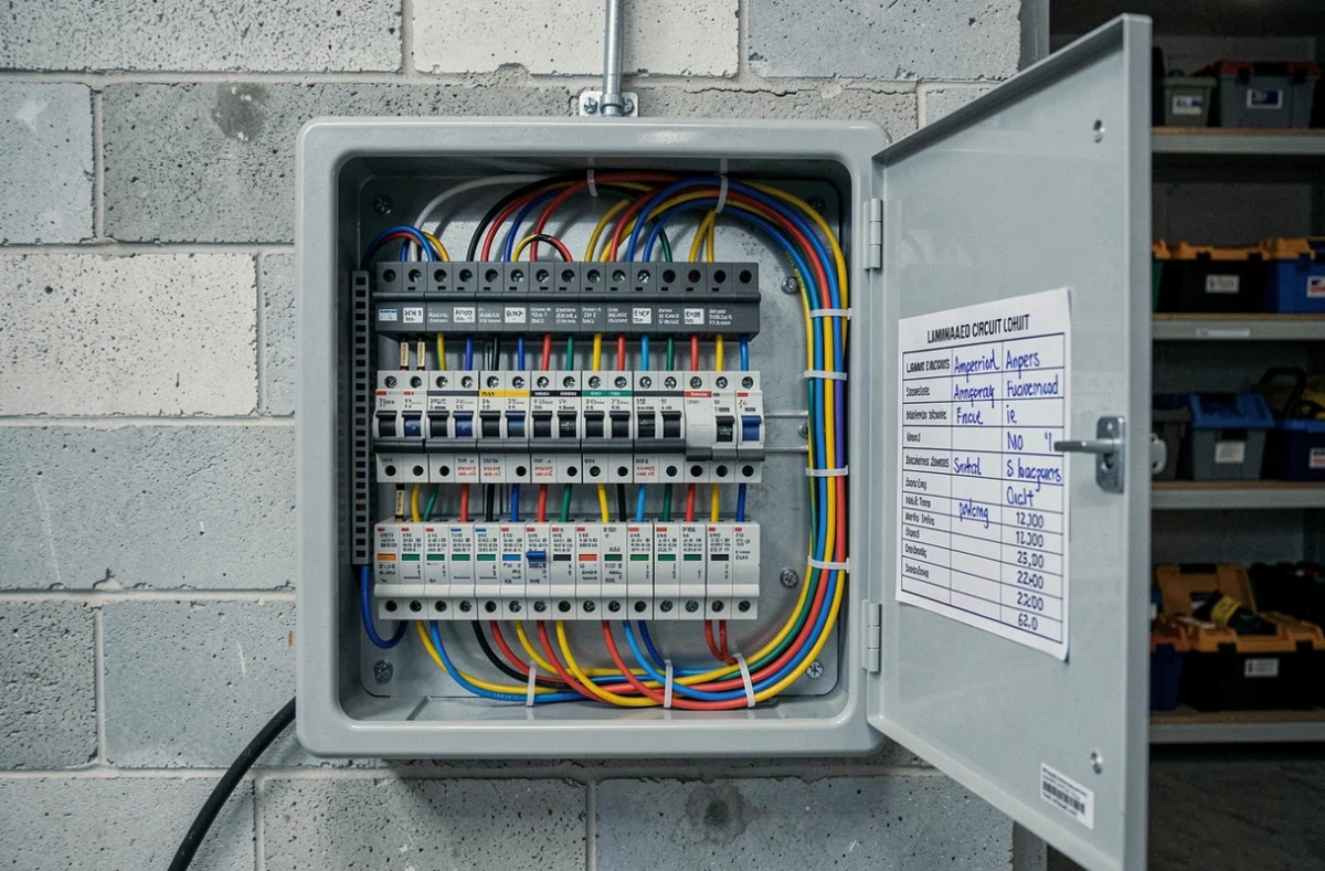 Tableau électrique résidentiel ouvert avec disjoncteurs étiquetés et fiche récapitulative des charges de circuit pour maison individuelle