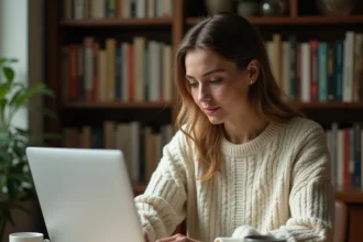 Femme téléchargeant un ebook en français sur un site comme 1001ebook depuis son bureau à domicile