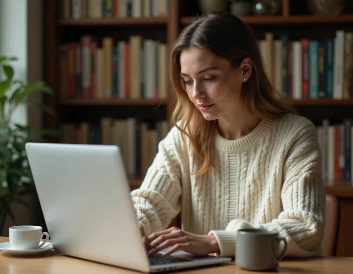 Femme téléchargeant un ebook en français sur un site comme 1001ebook depuis son bureau à domicile