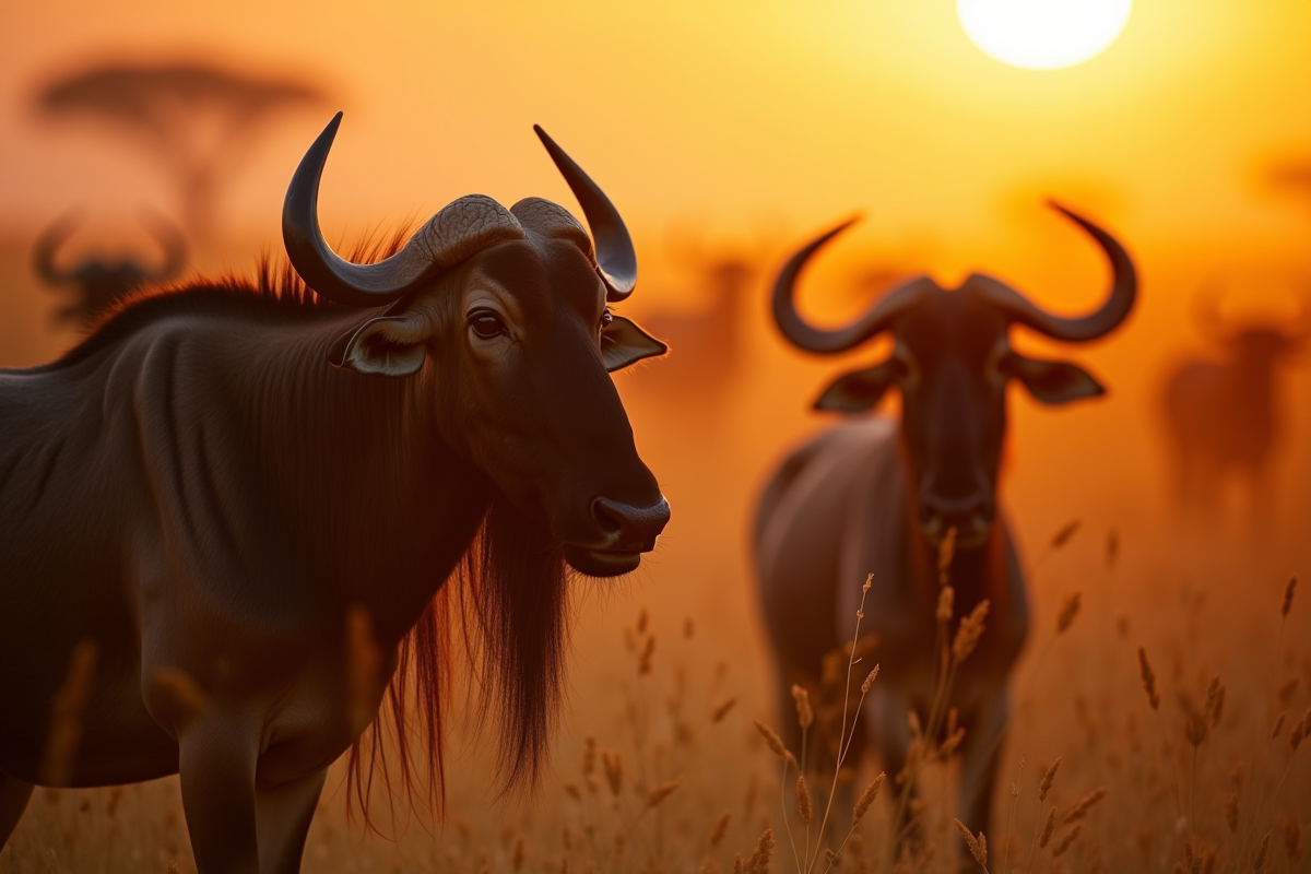 Visage de wildebeest au lever du soleil lors de la migration