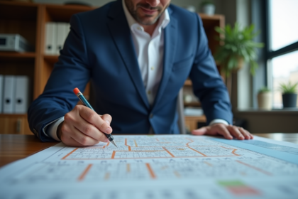Urbaniste en costume bleu analysant une carte urbaine