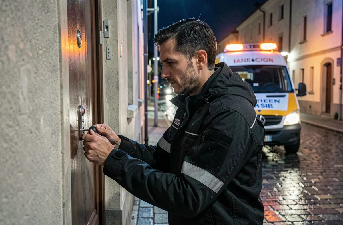 Serrurier d'urgence Urgence Dépannage 26000 intervenant de nuit sur une porte à Valence